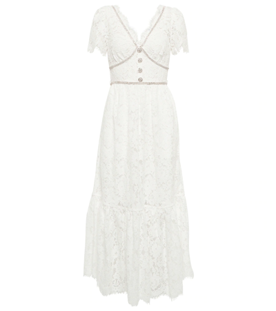 Self-portrait Ivory Organic Cotton Lace Diamante Trim Midi Dress In White