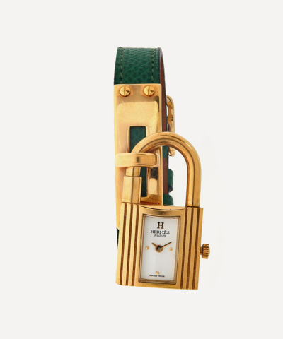 Designer Vintage 1990s Hermes Gilt Kelly Watch In Green
