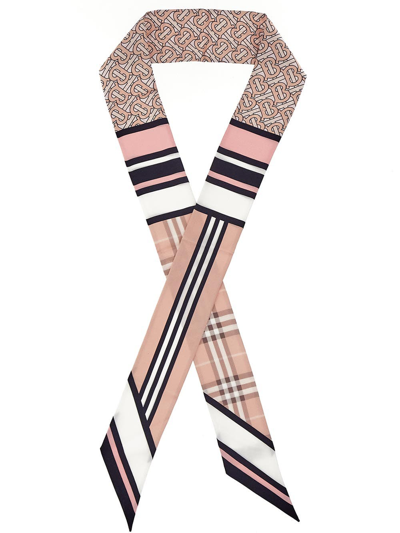 Burberry Triple Check Monogram Stripe Skinny Scarf In Pink