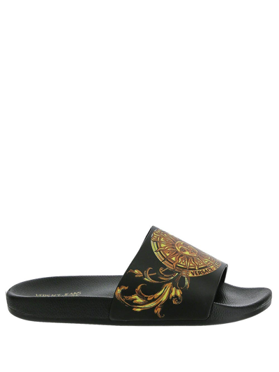 Versace Jeans Couture Slide Shoes Gummy Sun Baroque Print 42 In Black