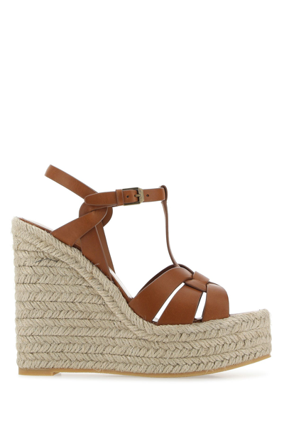 Saint Laurent Tribute Leather Espadrille Wedge Sandals In Amber