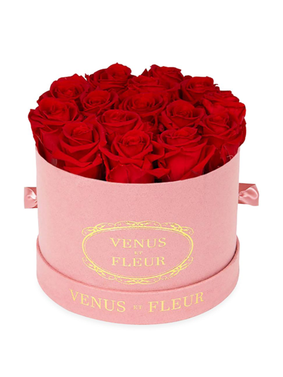 Venus Et Fleur Small Round Suede Box With Pure Blush Roses