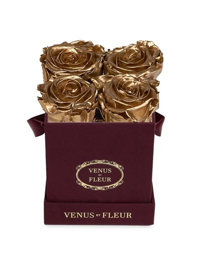 Venus Et Fleur Petite Square Merlot Suede Box With Pure Blush Roses