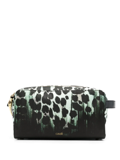 Roberto Cavalli Leopard-print Zipped Wash Bag In Black