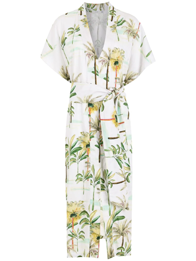 Isolda Palm Tree-print Belted Dress In Neutrals