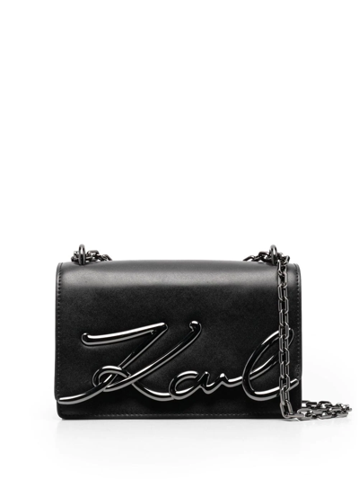 Karl Lagerfeld Medium Signature Leather Shoulder Bag In Black