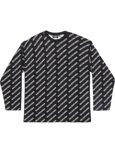 Balenciaga All Over Logo Cotton Blend Knit Sweater In Black