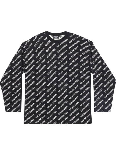 Balenciaga All Over Logo Cotton Blend Knit Jumper In Black White