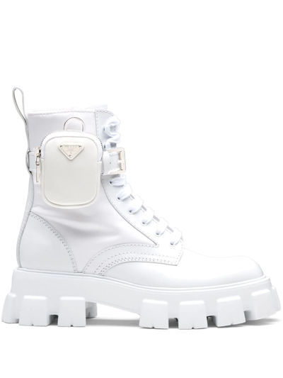 Prada Monolith Brushed Leather And Nylon Boots In White