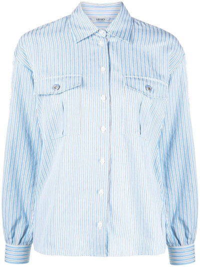 Liu •jo Stripe-print Lace-panel Shirt In Blue