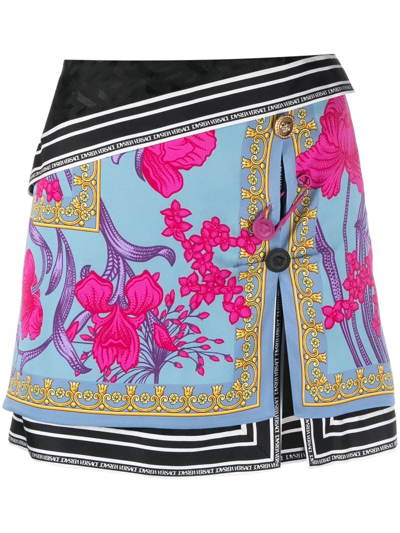 Versace Acid Bouquet Silk Mini Skirt, Female, Pink+blue, 42