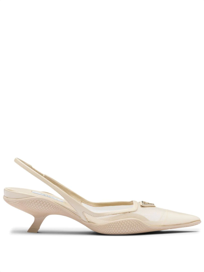 Prada Leather And Mesh Slingback Pumps In Dessert