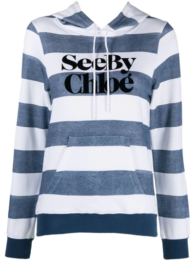 See By Chloé Flocked Striped Cotton-jersey Hoodie In White