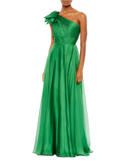 Mac Duggal Pleated One Shoulder Chiffon Gown In Emerald Green