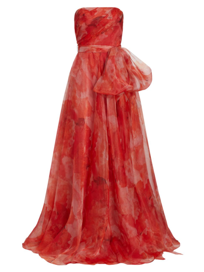 Rene Ruiz Collection Printed Organza Strapless Gown In Pomegranate