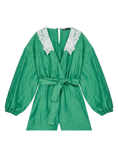 Maje Ifeuille Guipure-collar Linen-blend Playsuit In Green