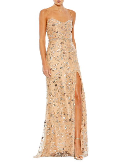 Mac Duggal Embellished Sleeveless Lace Up Gown In Beige