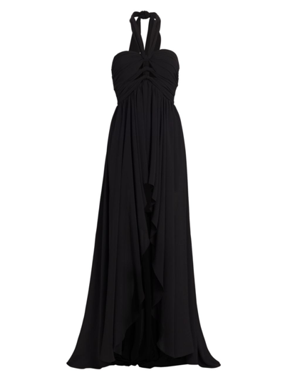 Ronny Kobo Natasha Cutout Ruched Georgette Halterneck Maxi Dress In Black