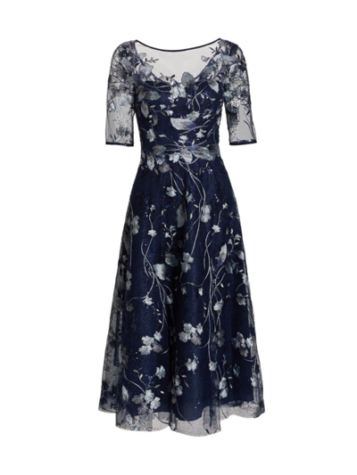 Teri Jon By Rickie Freeman Embroidered Tulle Tea Dress In Navy Multi