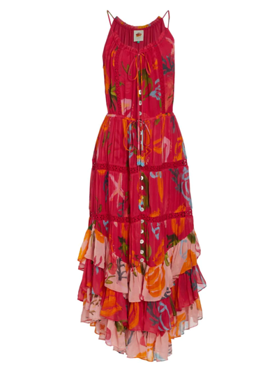Farm Rio Mixed Fruits Ocean Tiered Midi-dress In Red