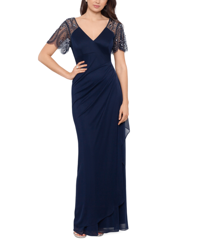 Xscape Plus Size Embellished Sheer Matte Jersey Gown In Navy