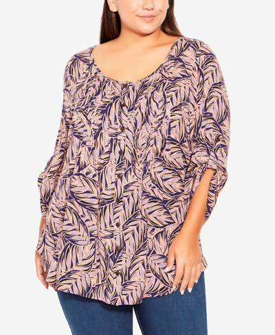 Avenue Plus Size Sandy Pintuck Print Shirt In Violet Palm