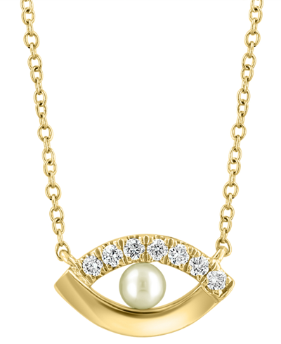 Effy Collection Effy Cultured Freshwater Pearl (3mm) & Diamond (1/20 Ct. T.w.) Evil Eye 18" Pendant Necklace In 14k In K Yellow Gold