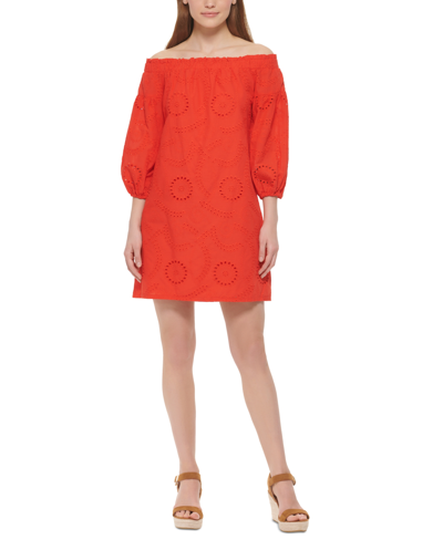 Vince Camuto Cotton Eyelet Off The Shoulder Long Sleeve Shift Dress In Tangerine