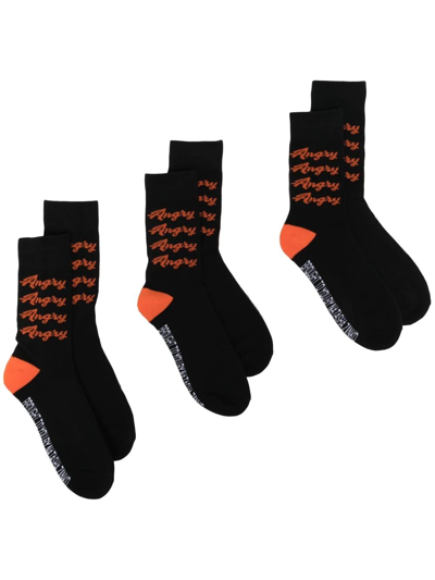 Natasha Zinko Angry-print Socks (set Of Three) In Black