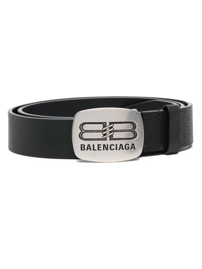 Balenciaga Black Rounded Logo Leather Belt