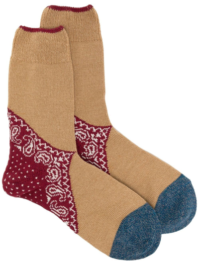 Kapital Colour-block Bandana-print Socks In Brown