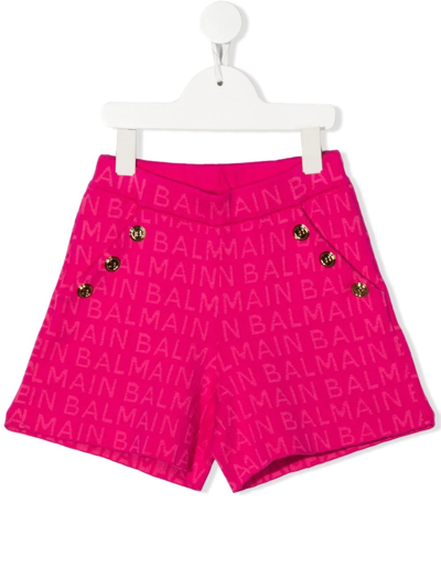Balmain Kids Fuchsia Shorts With All-over Logo In Pink