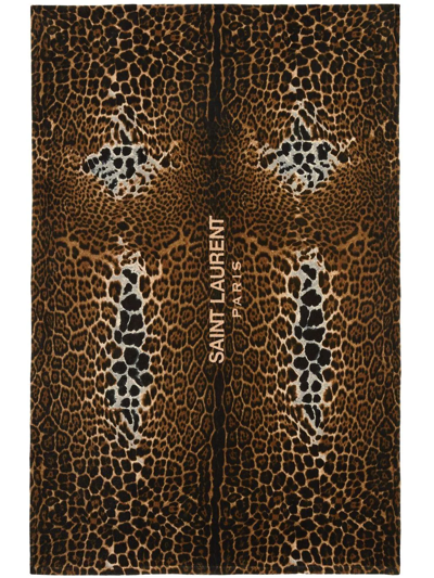 Saint Laurent Leopard-print-logo-towel In Brown