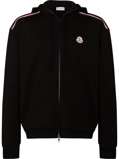 Moncler Logo-embroidered Striped Cotton-jersey Zip-up Hoodie In Black
