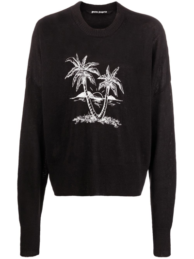 Palm Angels Palm Tree-print Linen Jumper In Black