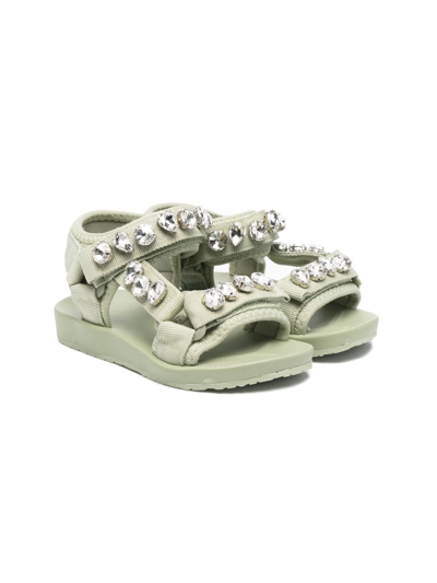 Monnalisa Teen Crystal-embellished Touch-strap Sandals In Green