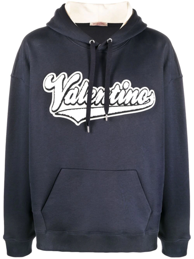 Valentino Embroidered Logo-patch Hoodie In Blue