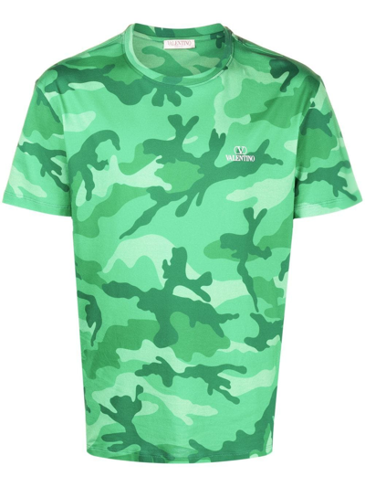 Valentino Camouflage-print Brand-print Cotton-jersey T-shirt In Green