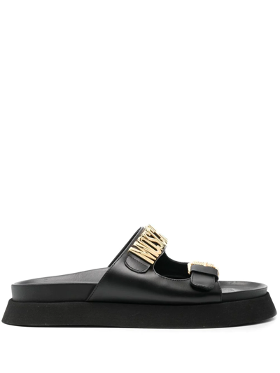Moschino Logo-plaque Double-strap Sandals In Black