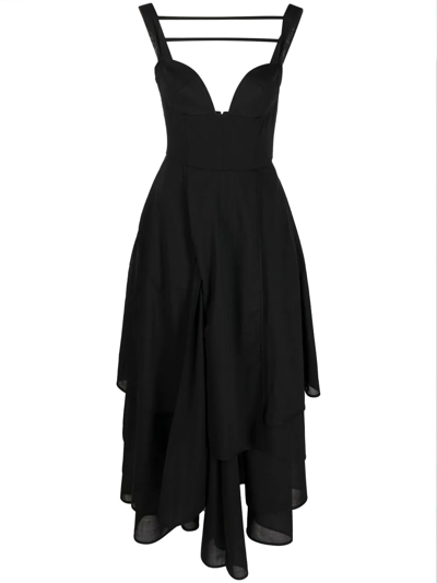 A.w.a.k.e. Plunge-neck Tiered Wool-blend Batiste Dress In Black