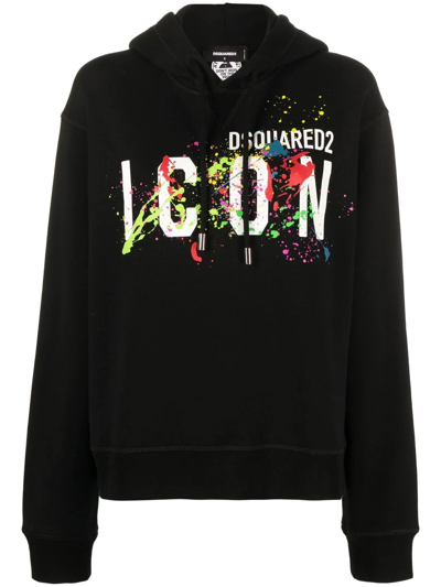Dsquared2 Icon Splatter Print Cotton Hoodie In Black