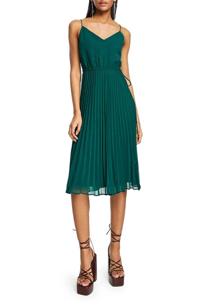 Asos Design Button Front Pleated Cami Midi Dress With Drawstring Waist In Forest Green