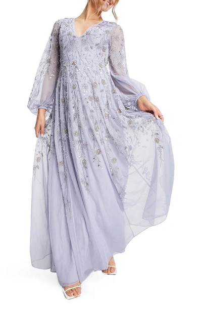 Asos Design Beaded Long Sleeve Maxi Dress In Lilac ModeSens