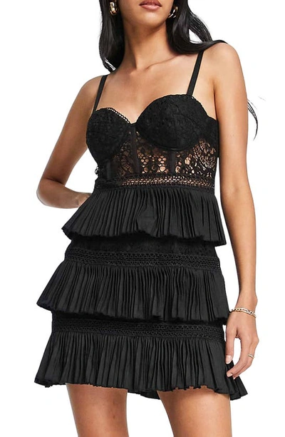 Asos Design Lace Corset Mini Dress With Tiered Pleated Skirt In Black