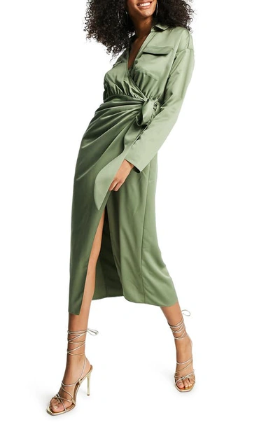 Asos Design Satin Collared Wrap Midi Shirt Dress In Khaki-green