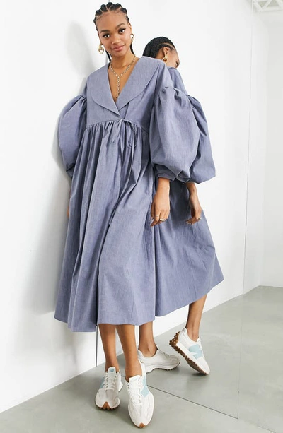 Asos Design Wrap Smock Midi Dress With Collar In Washed Blue-blues