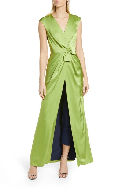 Kay Unger Stretch Charmeuse Cap-sleeve Walk-thru Jumpsuit In Green
