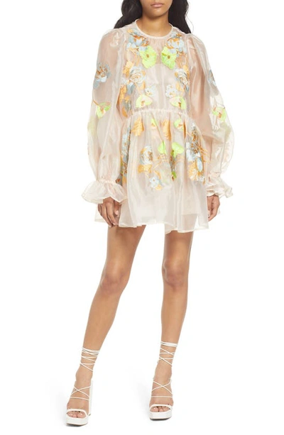 Asos Design Floral Embroidered Long Sleeve Minidress In Light Pink