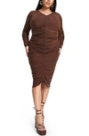 Asos Design Curve Ruched Front Mesh Midi Dress In Brown