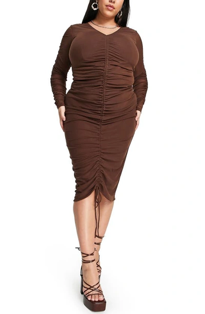 Asos Design Curve Ruched Front Mesh Midi Dress In Brown